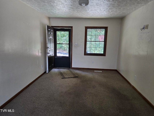 interior space featuring carpet flooring and a textured ceiling