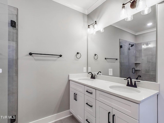 bathroom with crown molding, vanity, and walk in shower