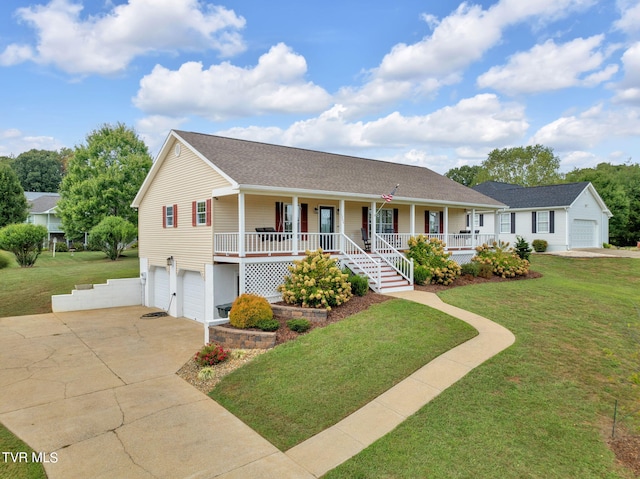 single story home featuring a front lawn, a garage, and a porch