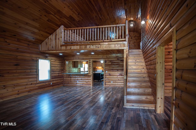 unfurnished living room featuring rustic walls, wood ceiling, high vaulted ceiling, and dark hardwood / wood-style floors