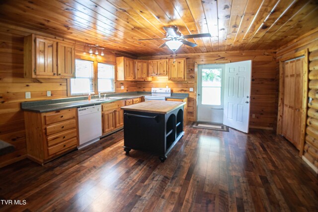 kitchen with white appliances, a center island, ceiling fan, dark hardwood / wood-style floors, and wood ceiling