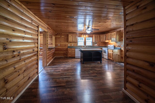 interior space with dark wood-type flooring, wood ceiling, wooden walls, and ceiling fan