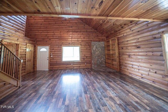 unfurnished living room featuring wooden ceiling, dark hardwood / wood-style flooring, beam ceiling, high vaulted ceiling, and rustic walls