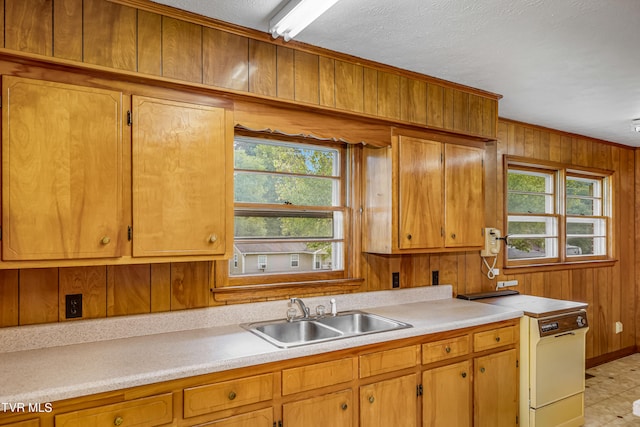 kitchen with wooden walls, a textured ceiling, and sink