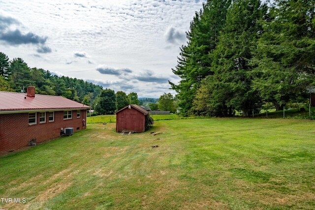 view of yard featuring central AC and a storage unit