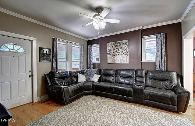 living room with light wood-type flooring, ceiling fan, and crown molding