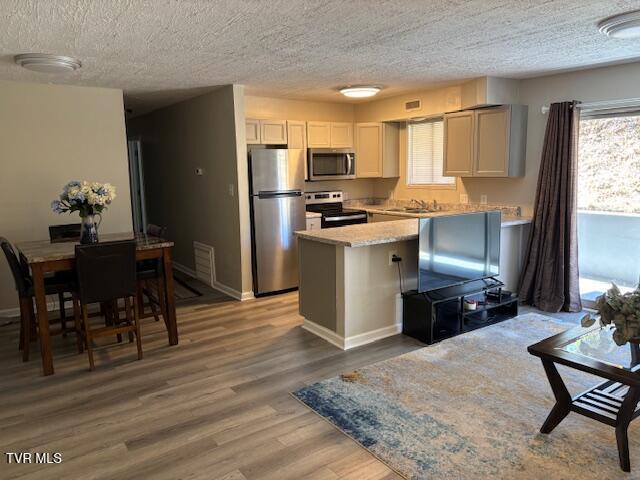 kitchen with a textured ceiling, stainless steel appliances, a peninsula, wood finished floors, and light countertops