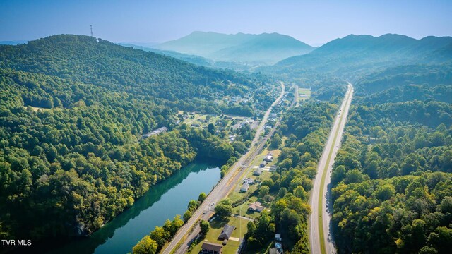 birds eye view of property with a water and mountain view