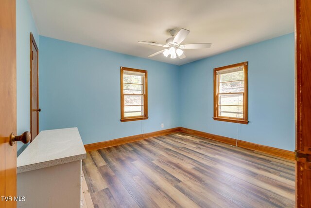 empty room with wood-type flooring and ceiling fan