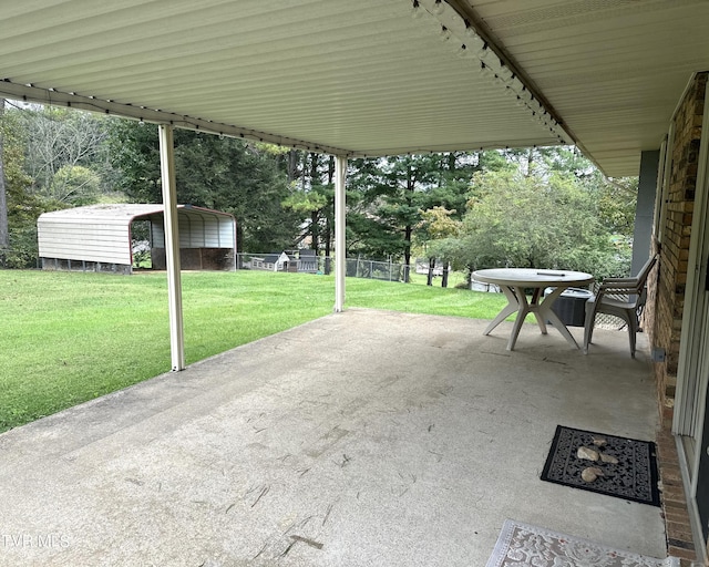 view of patio featuring a storage shed