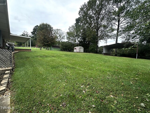 view of yard featuring a shed and a carport