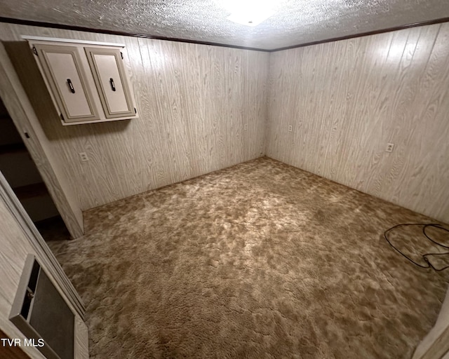 empty room with wood walls, a textured ceiling, and carpet floors