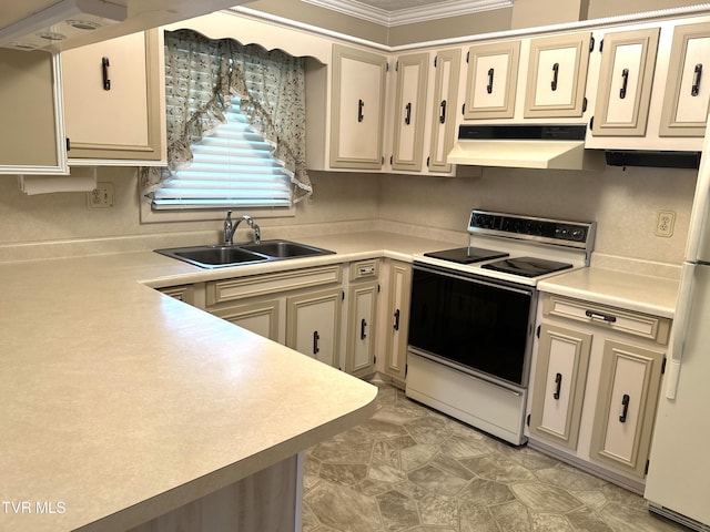 kitchen with electric stove, cream cabinets, crown molding, and sink