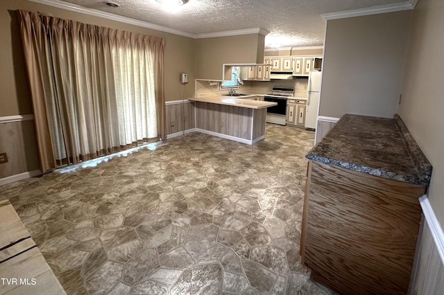 kitchen with crown molding, white appliances, sink, and kitchen peninsula