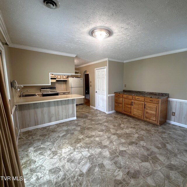 kitchen with sink, electric stove, kitchen peninsula, white fridge, and ornamental molding