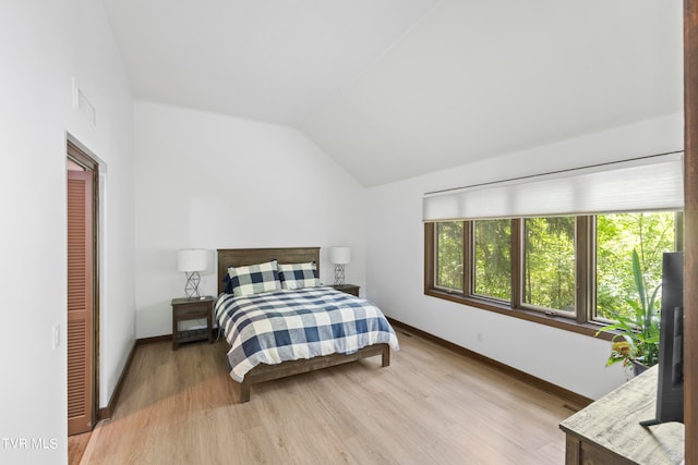 bedroom with light hardwood / wood-style flooring and lofted ceiling