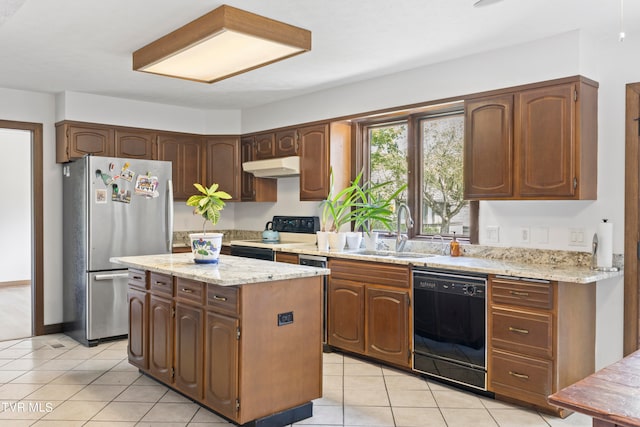 kitchen featuring white electric range oven, stainless steel refrigerator, black dishwasher, sink, and a center island