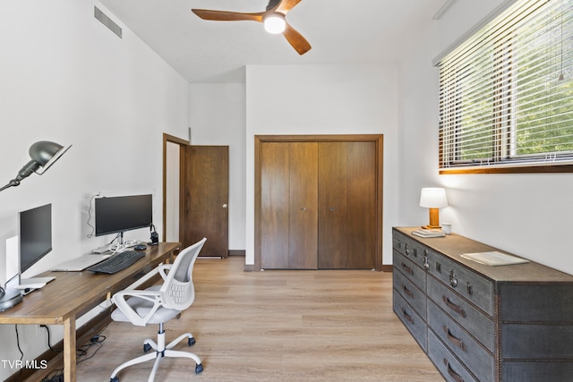 office space featuring light hardwood / wood-style floors and ceiling fan