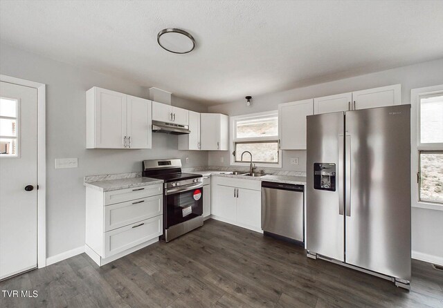 kitchen featuring stainless steel appliances, dark hardwood / wood-style flooring, white cabinetry, and sink