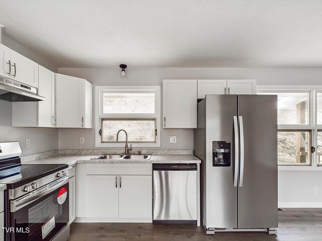 kitchen featuring appliances with stainless steel finishes, a wealth of natural light, white cabinetry, and sink