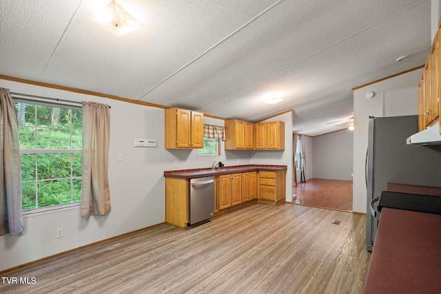 kitchen with a wealth of natural light, stainless steel dishwasher, a textured ceiling, and light hardwood / wood-style floors