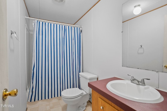 full bathroom with vanity, toilet, shower / bath combination with curtain, and a textured ceiling