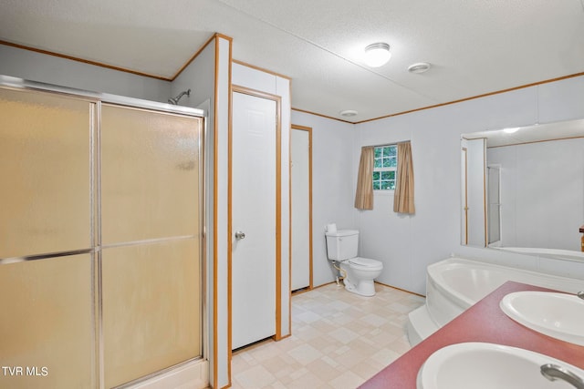 full bathroom with a textured ceiling, crown molding, toilet, and plus walk in shower