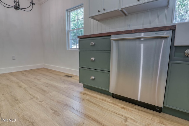 interior details featuring light hardwood / wood-style flooring, green cabinets, stainless steel dishwasher, and a notable chandelier