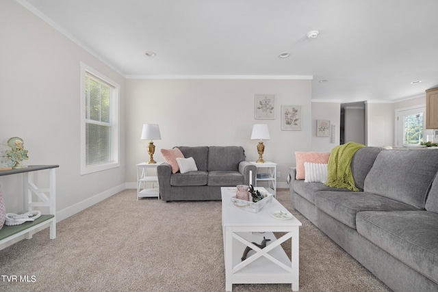 carpeted living room featuring crown molding