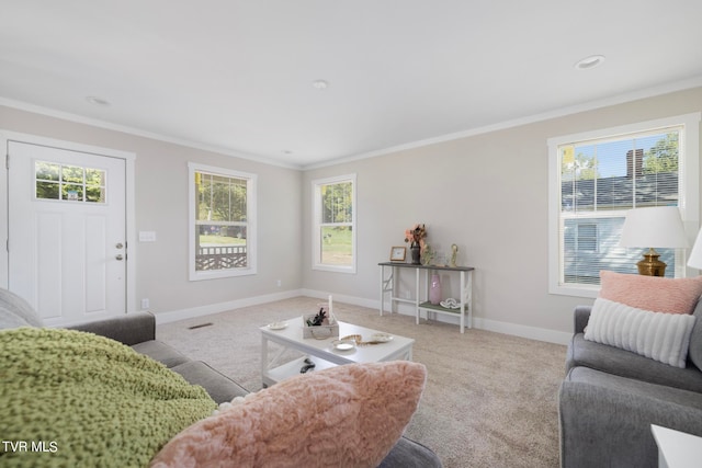 carpeted living room with a healthy amount of sunlight and ornamental molding