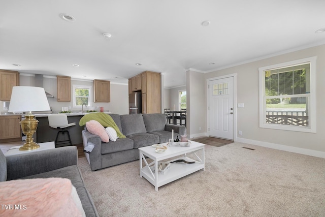 living room featuring a wealth of natural light, sink, light carpet, and ornamental molding