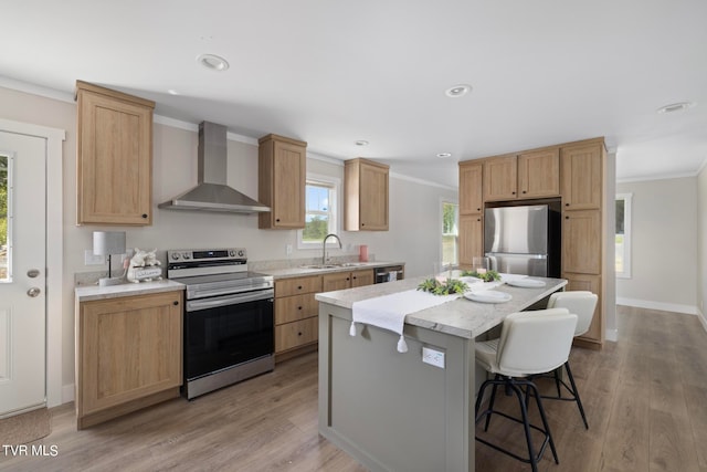 kitchen featuring a kitchen island, stainless steel appliances, wall chimney range hood, and light hardwood / wood-style floors