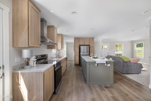 kitchen featuring light hardwood / wood-style flooring, appliances with stainless steel finishes, a center island, sink, and wall chimney range hood