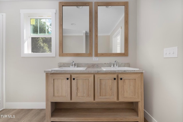 bathroom featuring vanity and hardwood / wood-style floors