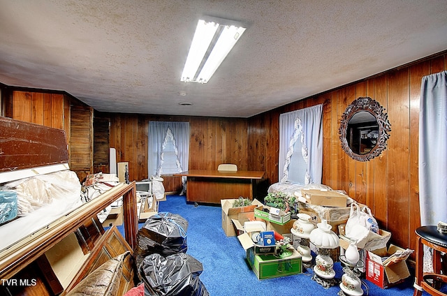 miscellaneous room with carpet floors and a textured ceiling