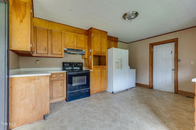 kitchen with black range with electric cooktop, crown molding, white fridge with ice dispenser, and light tile patterned floors