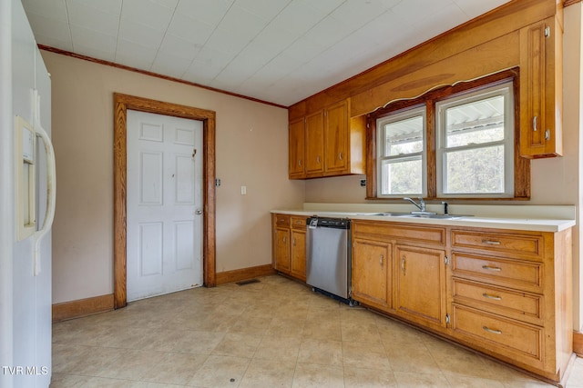 kitchen with light tile patterned flooring, sink, ornamental molding, dishwasher, and white refrigerator with ice dispenser