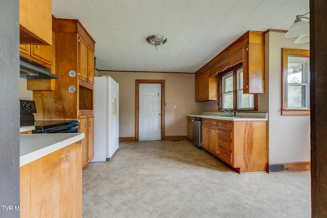 kitchen featuring sink, stainless steel dishwasher, black range, white refrigerator with ice dispenser, and crown molding