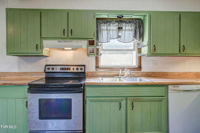 kitchen with sink, ventilation hood, green cabinets, stainless steel electric stove, and white dishwasher