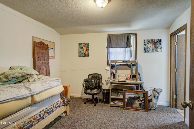 carpeted bedroom featuring lofted ceiling and a textured ceiling