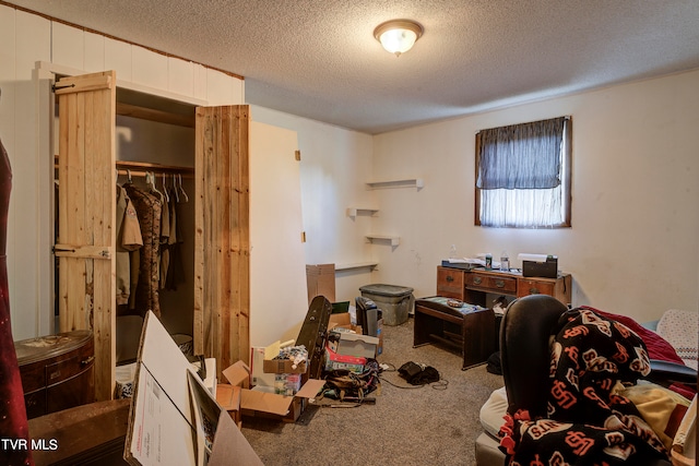 interior space with a closet, carpet flooring, and a textured ceiling