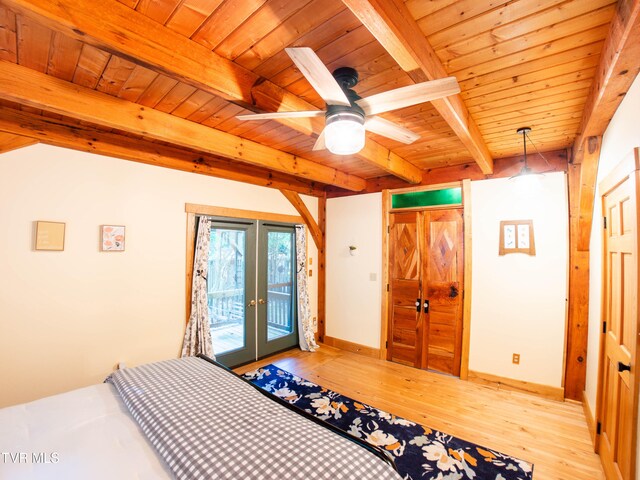 bedroom featuring wooden ceiling, light wood-type flooring, beam ceiling, ceiling fan, and access to outside