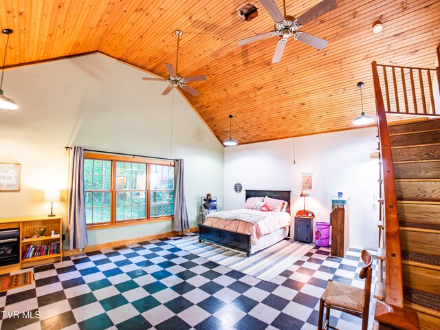 bedroom featuring ceiling fan, high vaulted ceiling, and wooden ceiling