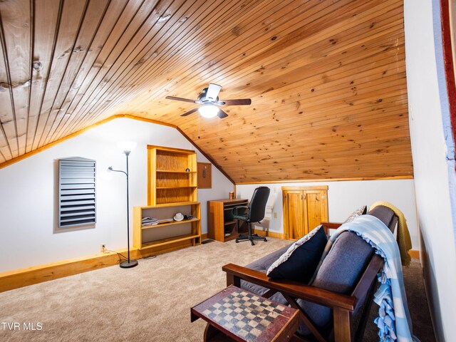 sitting room featuring wood ceiling, vaulted ceiling, and ceiling fan