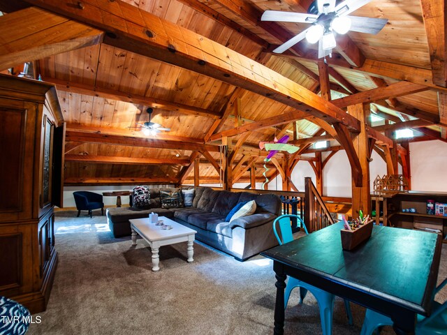 living room featuring wooden ceiling, carpet flooring, lofted ceiling with beams, and ceiling fan