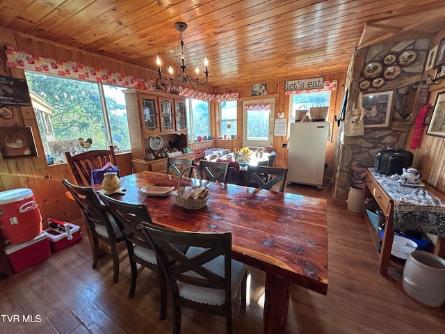 dining area with dark hardwood / wood-style flooring, wooden walls, a chandelier, and wooden ceiling