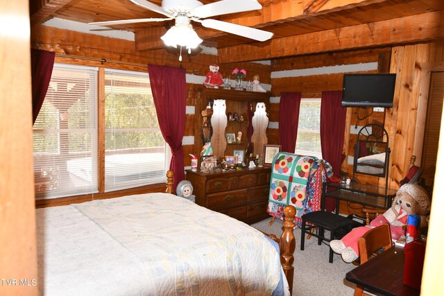 bedroom featuring ceiling fan, wooden walls, and wood ceiling