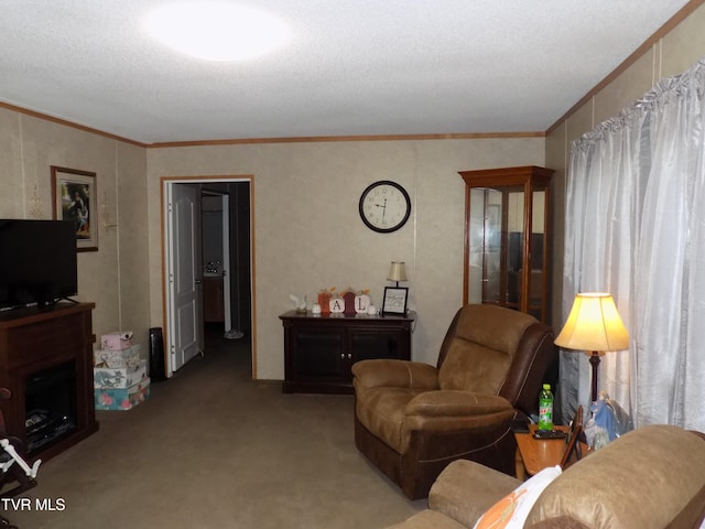 living room featuring light carpet, a textured ceiling, and crown molding