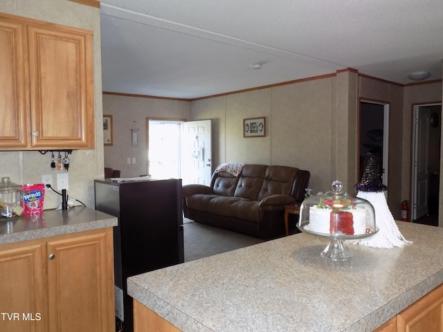 kitchen with crown molding, a center island, and black refrigerator