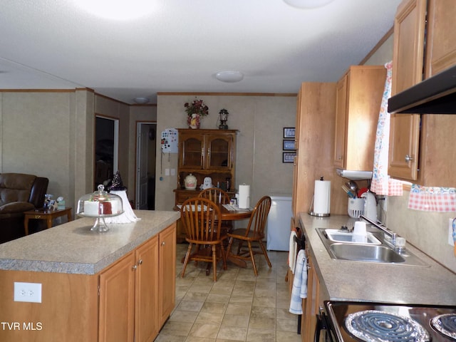 kitchen featuring stainless steel range oven, a center island, crown molding, and sink